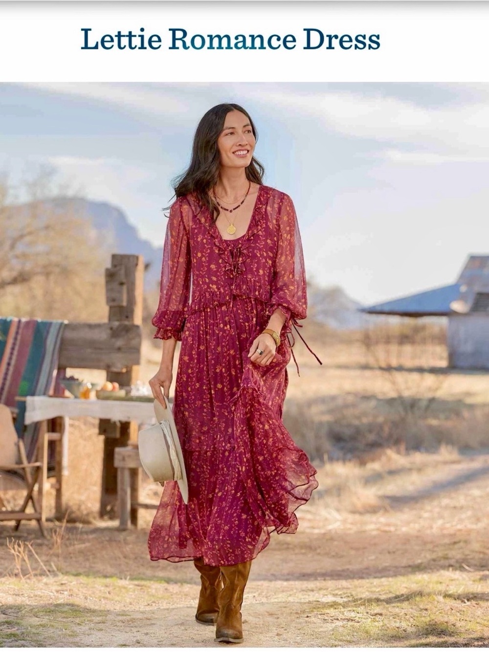 Sundance Lettie Romance Maxi Dress in Burgundy with Gold Floral Print